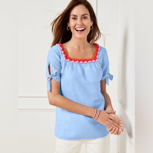 TALBOTS CROCHET TRIM LINEN BLEND TOP - CROSS DYED SIZE L - Picture 1 of 11